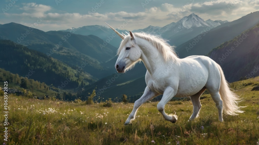 A realistic mythical unicorn grazes in a grassy field beside a barn in Canada A realistic mythical unicorn grazes in a grassy field beside a barn in Canada