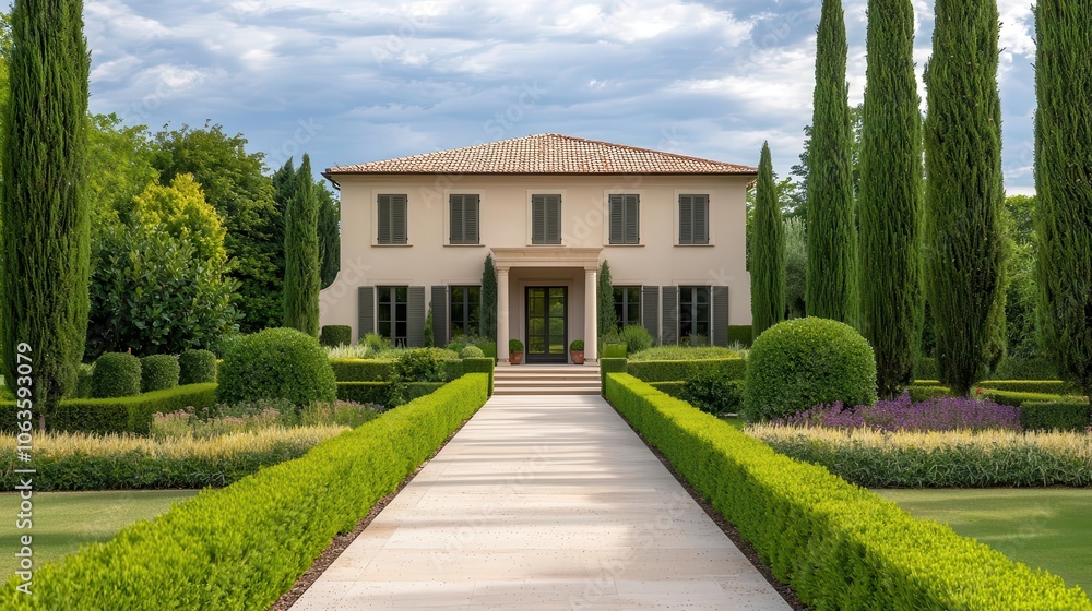 Obraz premium Large cedar trees lining a traditional estate, elegant exterior, timeless beauty