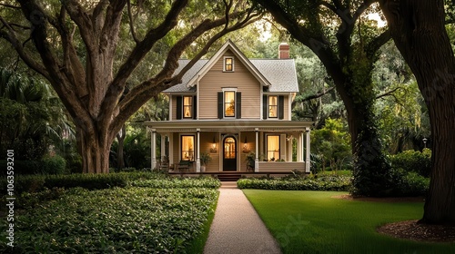 Expansive yard with ancient trees, Victorian home, classic exterior and elegance