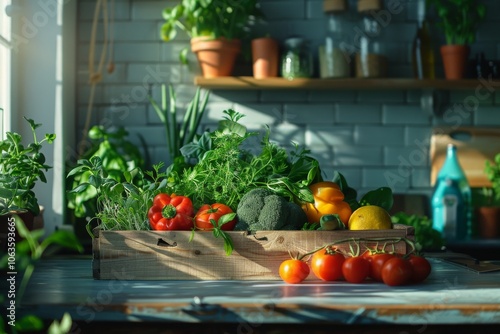 kitchen with vegetables being unpacked from a delivery box