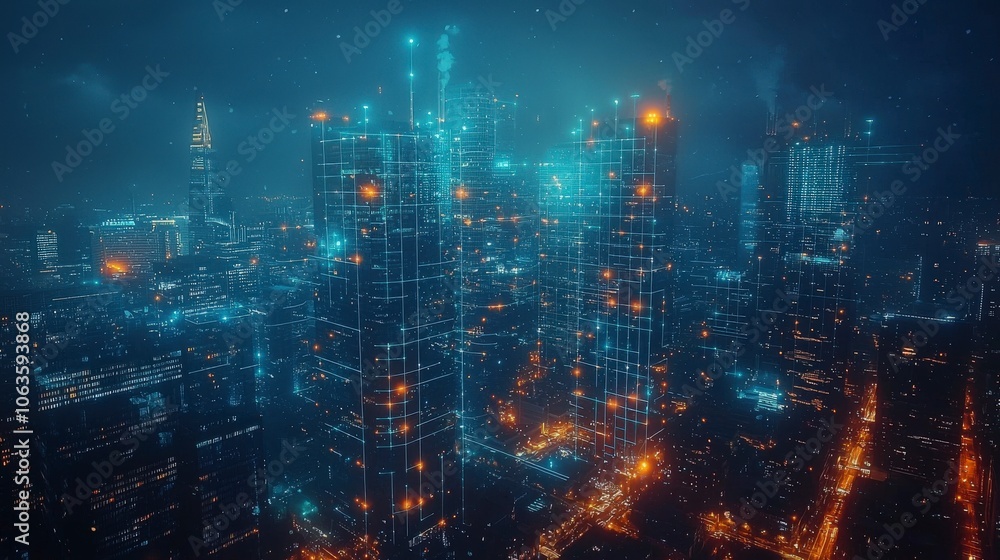A futuristic cityscape with high-rise buildings enveloped in mist, featuring glowing elements, capturing the essence of a digitally transformed, modern urban environment. A futuristic cityscape with high-rise buildings enveloped in mist, featuring glowing elements, capturing the essence of a digitally transformed, modern urban environment.