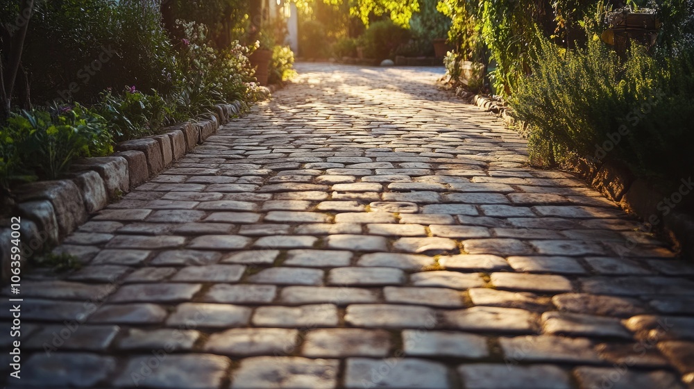 Naklejka premium Vintage cobblestone walkway with a rustic and charming design , pavers, brick road, courtyard, paver patio, driveway. 