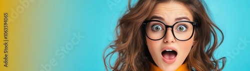 A surprised woman with curly hair and glasses, expressing shock in a vibrant, colorful setting, capturing the essence of surprise.