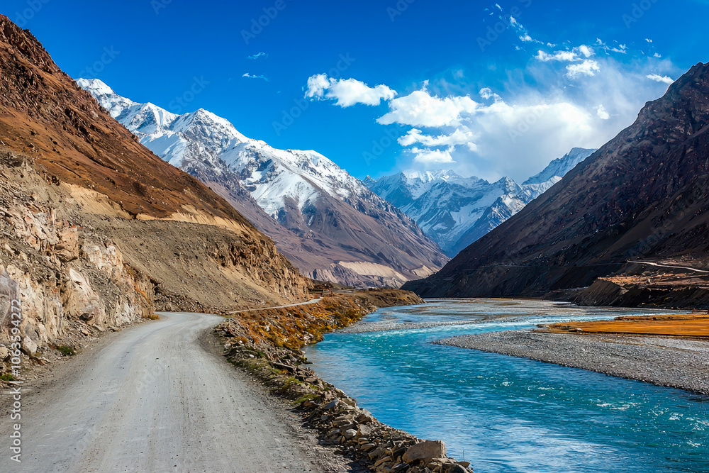 Landscape of a rural road running alongside a river surrounded by snow-capped mountains Landscape of a rural road running alongside a river surrounded by snow-capped mountains