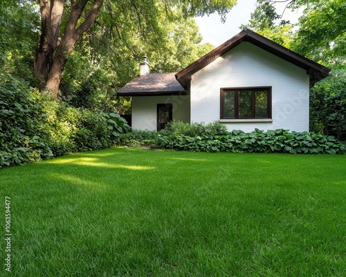 Cozy farmhouse with a spacious yard under grand trees, rustic and inviting atmosphere