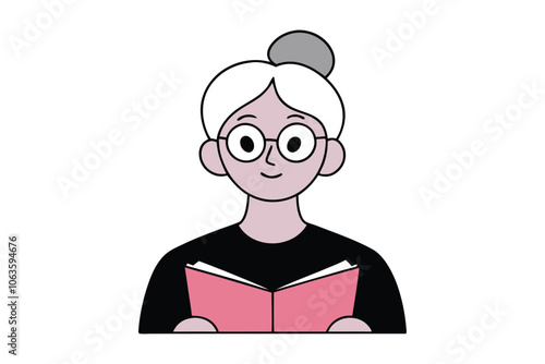 Cute Grandmother Reading Book - Adorable Cartoon Vector Icon for Education, Knowledge, and Family-Themed Illustrations