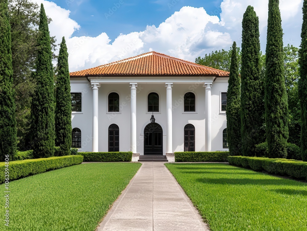 Naklejka premium Grand colonial house under tall cypress trees, lush yard, traditional elegance