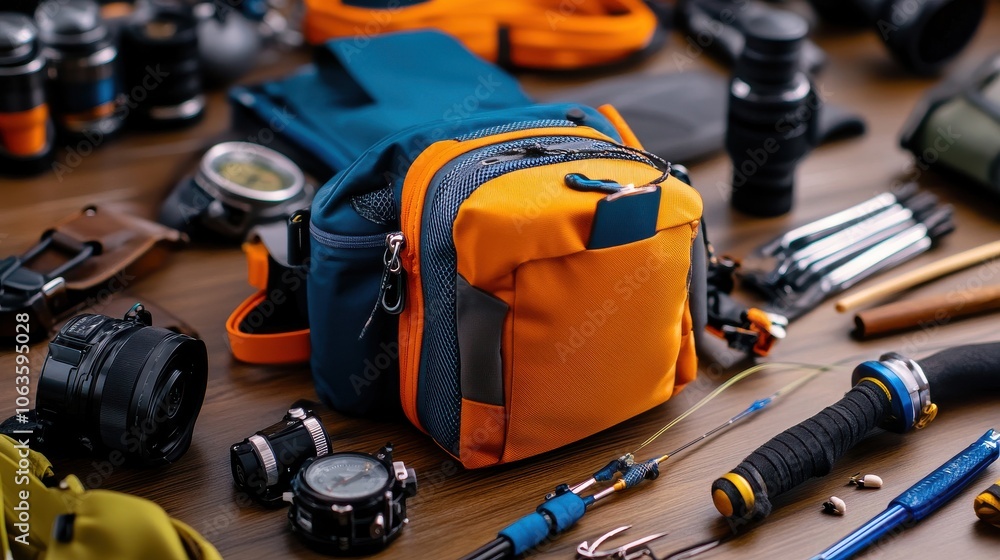 Fototapeta premium A table with various items including a camera, a watch, and a bag
