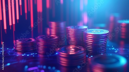 Stacked Coins with Financial Graph Display Illustration