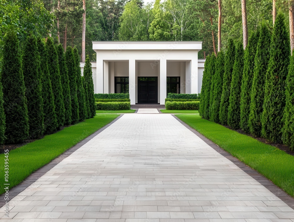 Traditional estate with tall trees lining the walkway, spacious and welcoming Traditional estate with tall trees lining the walkway, spacious and welcoming