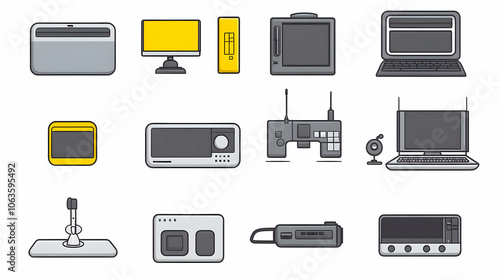 Set of 12 retro technology icons in flat style.