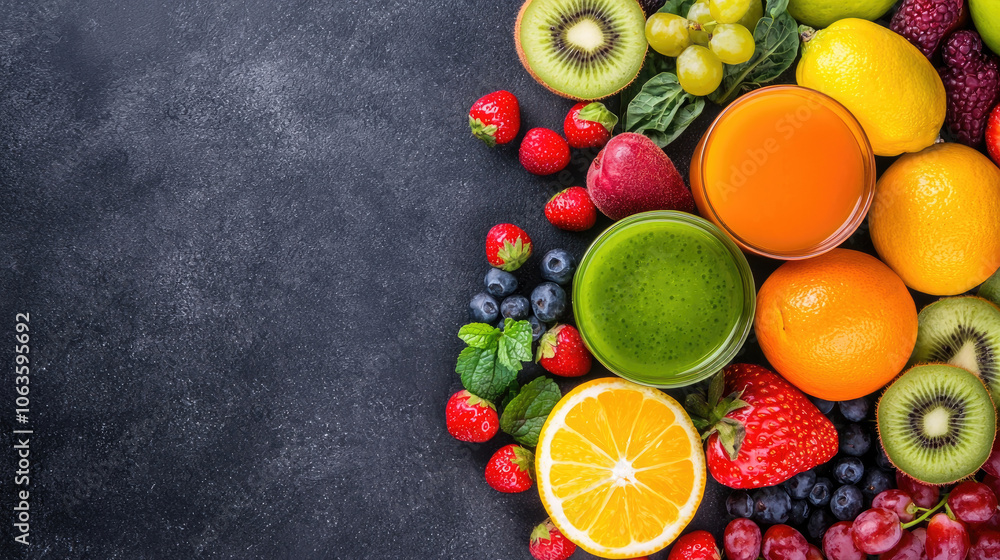 A vibrant assortment of fresh fruits and juices, including strawberries, kiwis, and oranges, arranged beautifully on a dark background. A vibrant assortment of fresh fruits and juices, including strawberries, kiwis, and oranges, arranged beautifully on a dark background.