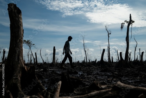 A person wanders through a landscape of dead trees and barren ground under a vast sky, symbolizing exploration and the consequences of wildlife destruction. photo