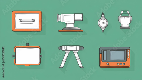 Set of six illustrated icons featuring various measurement and surveying tools with a flat design style.