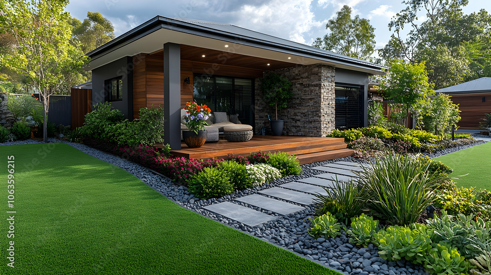 Fototapeta premium Modern Home Backyard Landscape Design - Realistic Photo