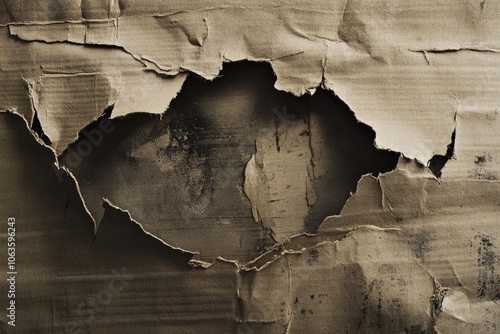 A close-up of torn and weathered cardboard displaying a darkened texture and intricate details, evoking a sense of decay and passage of time. photo