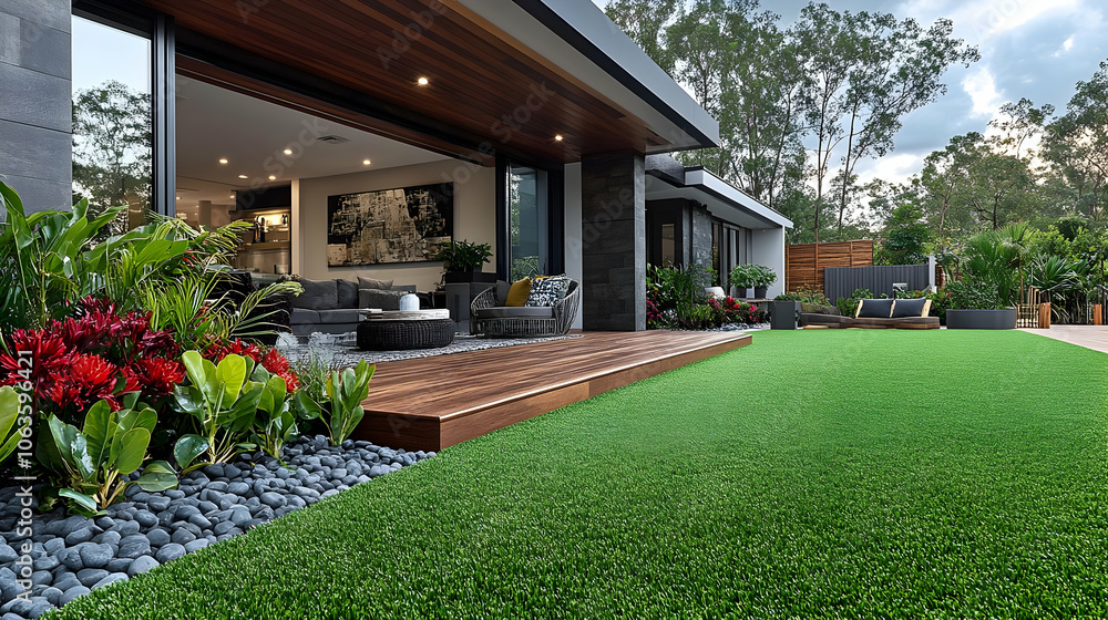 Fototapeta premium Modern House with Artificial Grass Lawn, Patio, and Garden