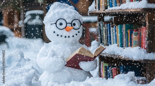 Snowman with Round Glasses Holding a Book Next to a Snowy Bookshelf Filled with Snowy Books photo