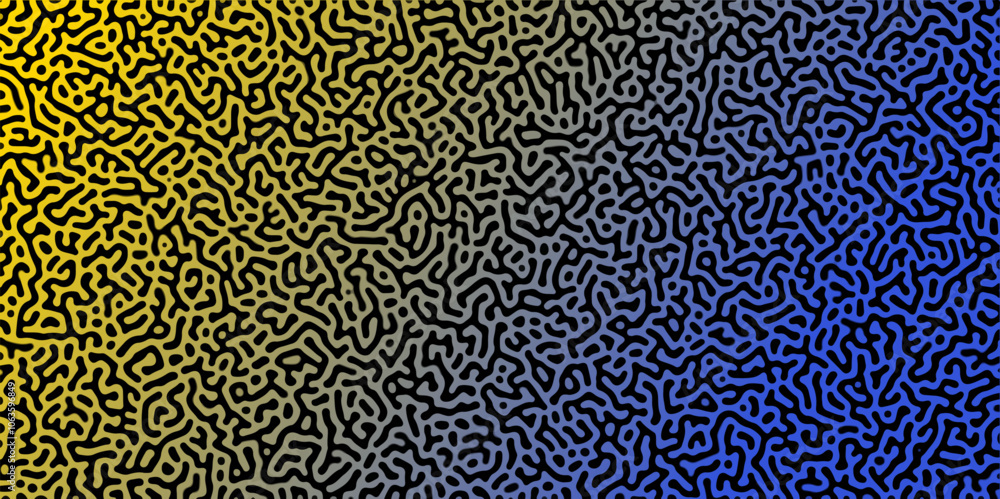 Abstract Reaction-diffusion Turing pattern natural texture yeallow and blue gradient color scheme. Linear design with biological algorithm psychedelic background. Reaction-diffusion or truing patter