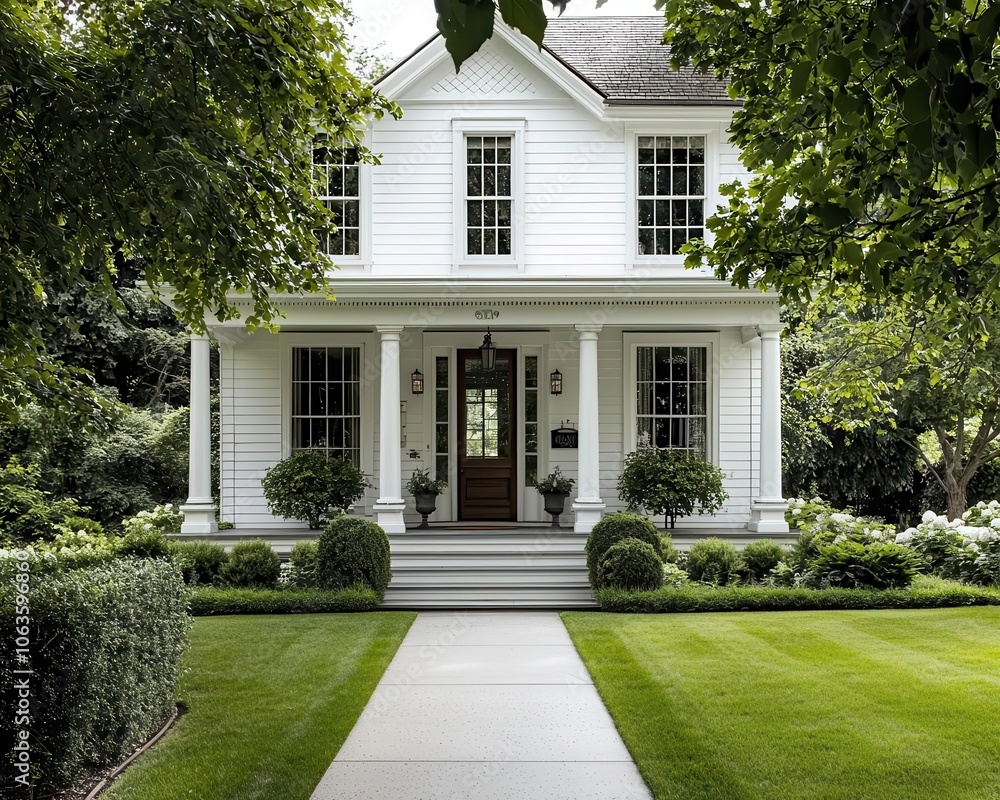 Obraz premium Historic home with large elm trees, expansive lawn, traditional charm and beauty