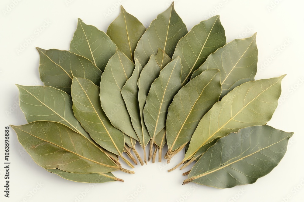 Fototapeta premium A fan-like arrangement of pristine bay leaves neatly displayed on a light background forming a striking contrast, highlighting the leaves’ detailed veins and fresh green hues.