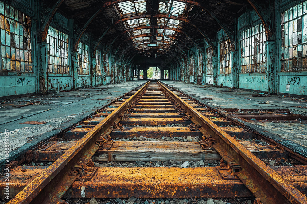 Rusty train tracks stretch through an abandoned warehouse interior Rusty train tracks stretch through an abandoned warehouse interior