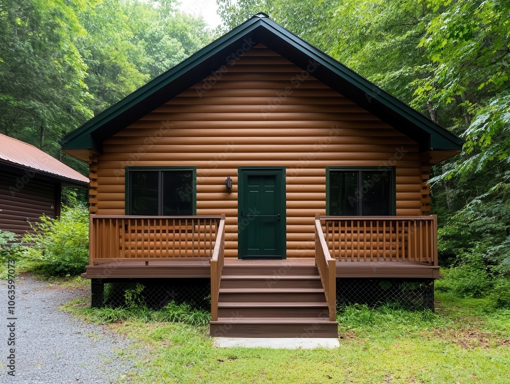 Rustic cabin in the woods, large trees all around, spacious natureinspired exterior Rustic cabin in the woods, large trees all around, spacious natureinspired exterior