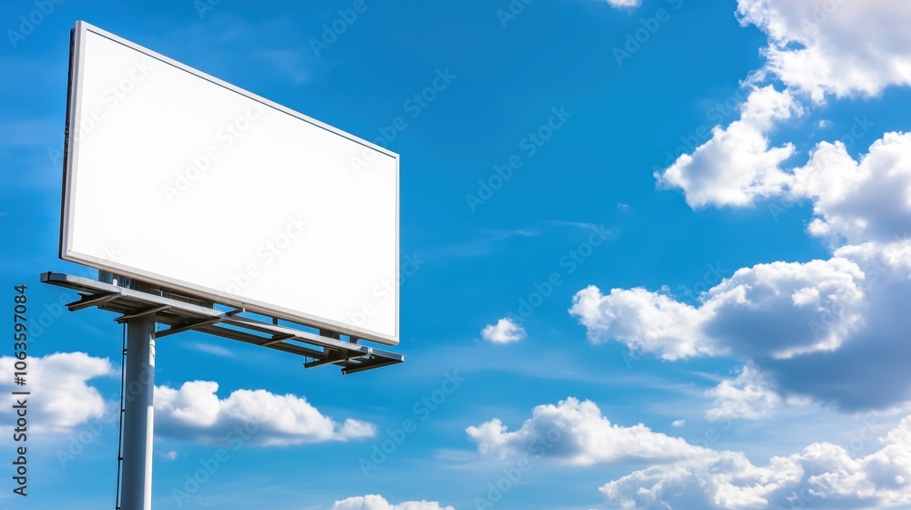 Empty billboard under a clear blue sky with clouds, ideal for advertising space. Empty billboard under a clear blue sky with clouds, ideal for advertising space.