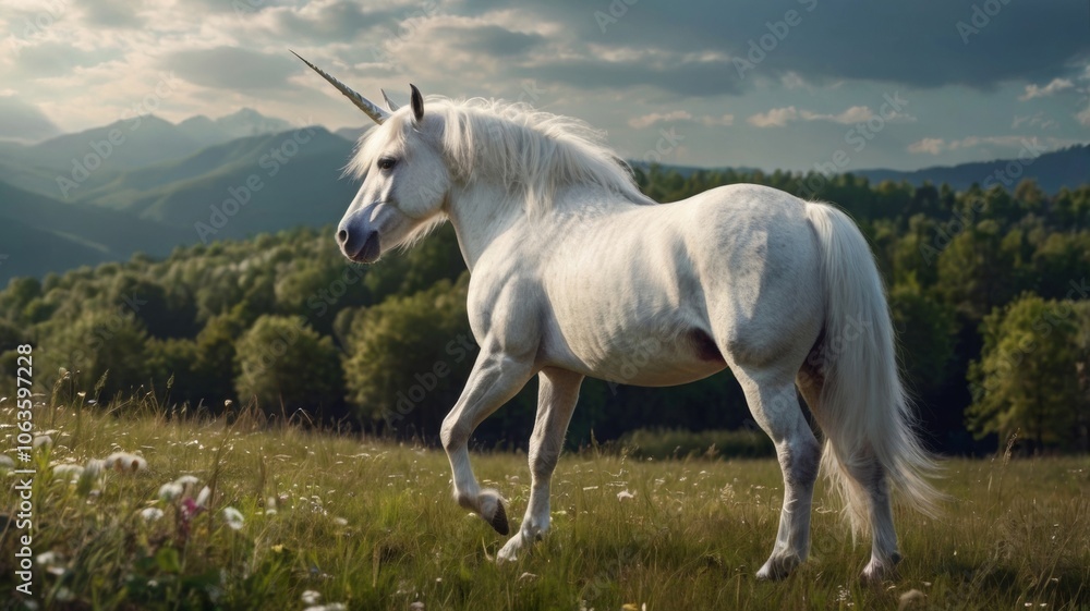 A realistic mythical unicorn grazes in a grassy field beside a barn in Canada A realistic mythical unicorn grazes in a grassy field beside a barn in Canada