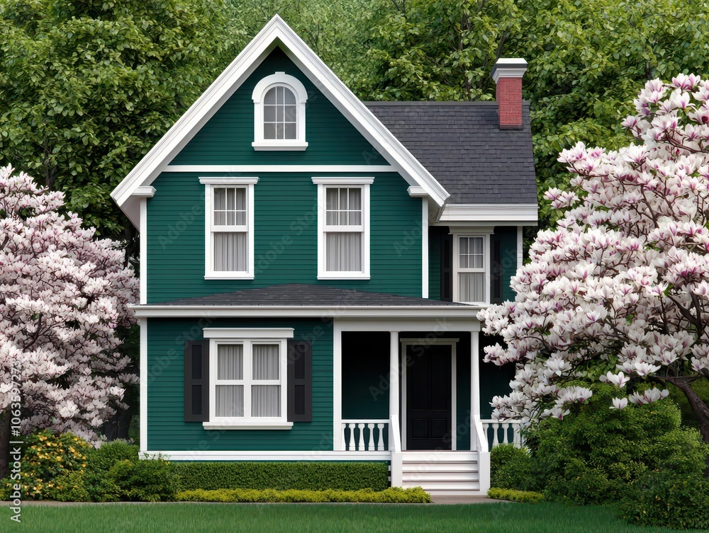 Victorian house under towering magnolia trees, open yard, classic beauty and shade Victorian house under towering magnolia trees, open yard, classic beauty and shade