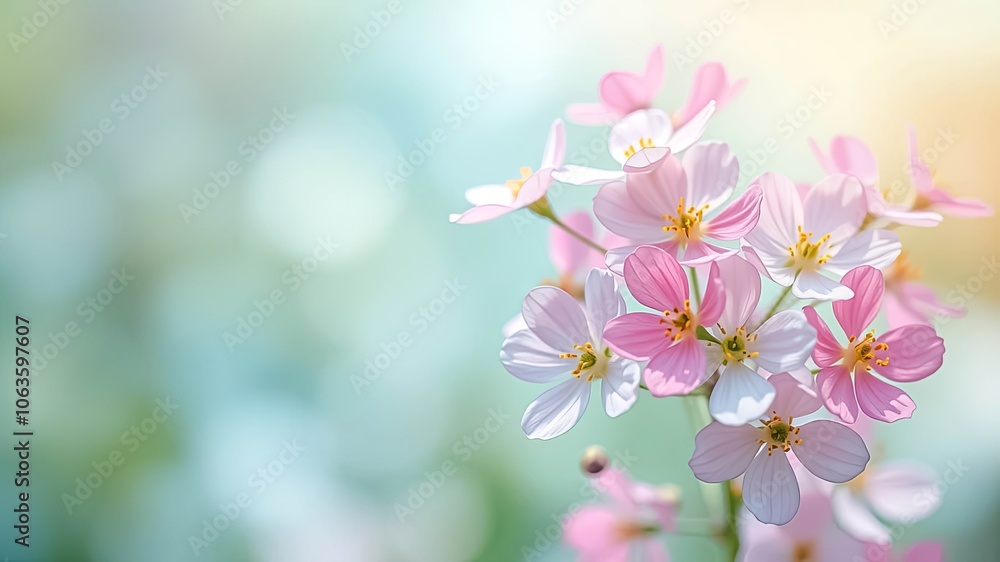 Delicate Pastel Flowers Bloom in a Soft Light, Capturing the Essence of Spring's Subtle Beauty Delicate Pastel Flowers Bloom in a Soft Light, Capturing the Essence of Spring's Subtle Beauty