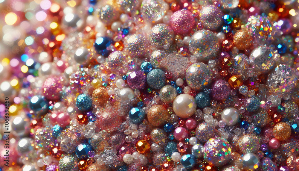 A close-up of a mix of colorful, sparkling beads and gems, creating a luxurious, textured pattern that glitters with vibrant hues A close-up of a mix of colorful, sparkling beads and gems, creating a luxurious, textured pattern that glitters with vibrant hues