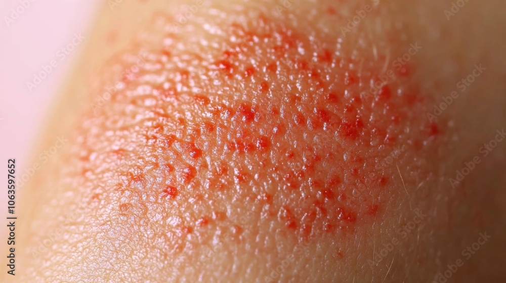 Fototapeta premium Red inflamed bumps are visible on the surface of a person's arm, suggesting an allergic reaction or skin irritation. The close-up highlights the texture and color of the skin condition.