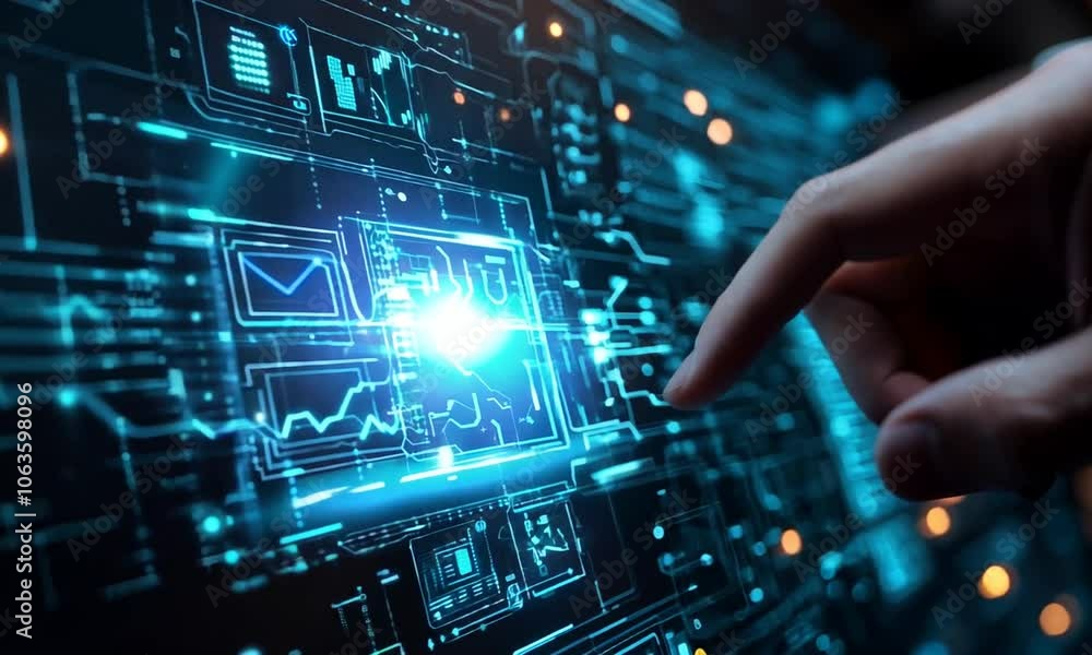 A hand interacting with a digital circuit board interface. A hand interacting with a digital circuit board interface.
