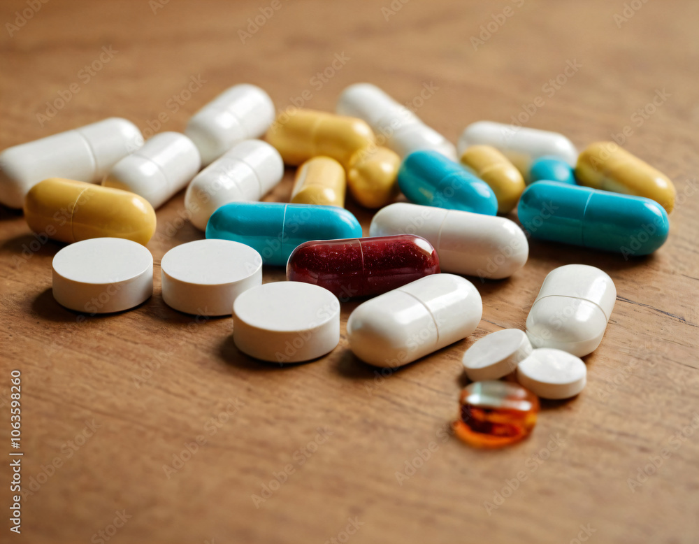 Medical tablets and pills lie on the table. Medical tablets and pills lie on the table.