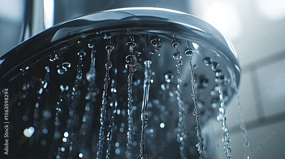 A chrome shower head with water droplets in a clean, stylish bathroom, highlighting its modern design and polished metal surface A chrome shower head with water droplets in a clean, stylish bathroom, highlighting its modern design and polished metal surface