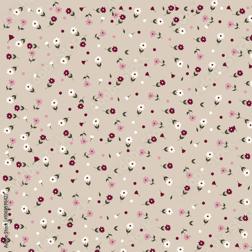 Vintage seamless floral pattern. Liberty style background of small mauve and lilac flowers. Small flowers scattered