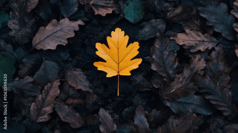 Vibrant Yellow Leaf in Dark Forest Aerial Perspective Vibrant Yellow Leaf in Dark Forest Aerial Perspective