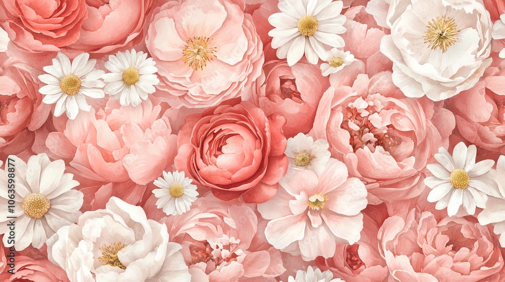A beautiful arrangement of pink and white flowers, showcasing peonies and daisies, perfect for adding elegance to any design. A beautiful arrangement of pink and white flowers, showcasing peonies and daisies, perfect for adding elegance to any design.