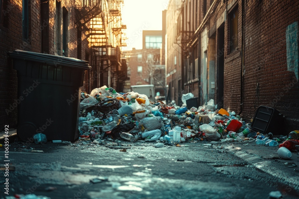 Fototapeta premium City Trash Bin Overflowing with Garbage in Alleyway