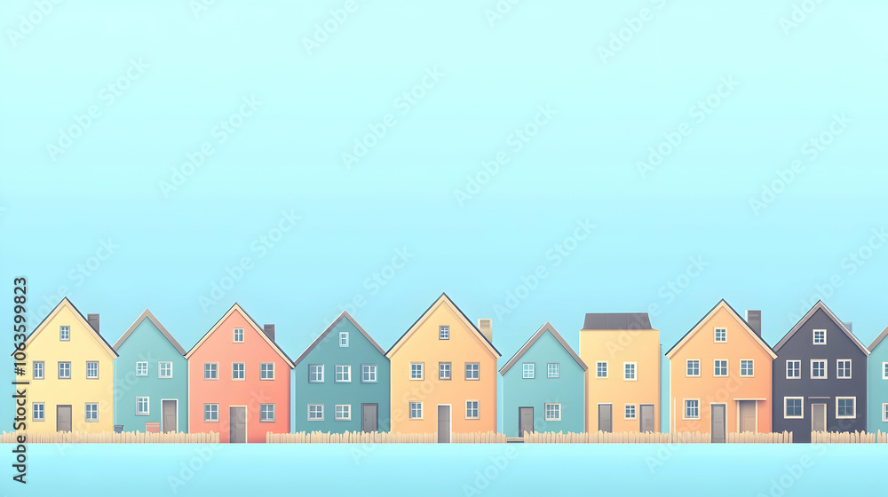 A row of colorful houses against a blue sky. A row of colorful houses against a blue sky.