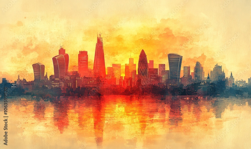 Obraz premium Watercolor Aerial sunset view of the skyline of London with skyscrapers at Canary Wharf and the City in the background, England Photo Formats