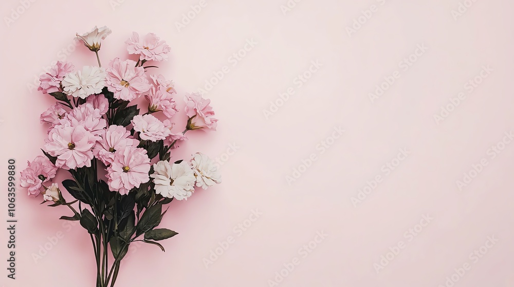 A beautiful bouquet of pink and white flowers against a soft pink background, perfect for celebrations and floral decorations. A beautiful bouquet of pink and white flowers against a soft pink background, perfect for celebrations and floral decorations.