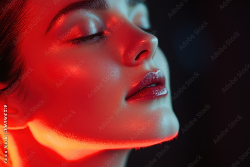 Serene Woman Experiencing Red Light Therapy Serene Woman Experiencing Red Light Therapy