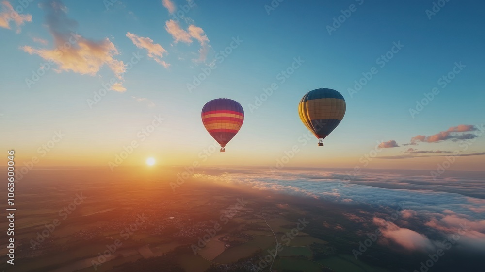 Colorful Hot Air Balloons Over Scenic Landscape Colorful Hot Air Balloons Over Scenic Landscape