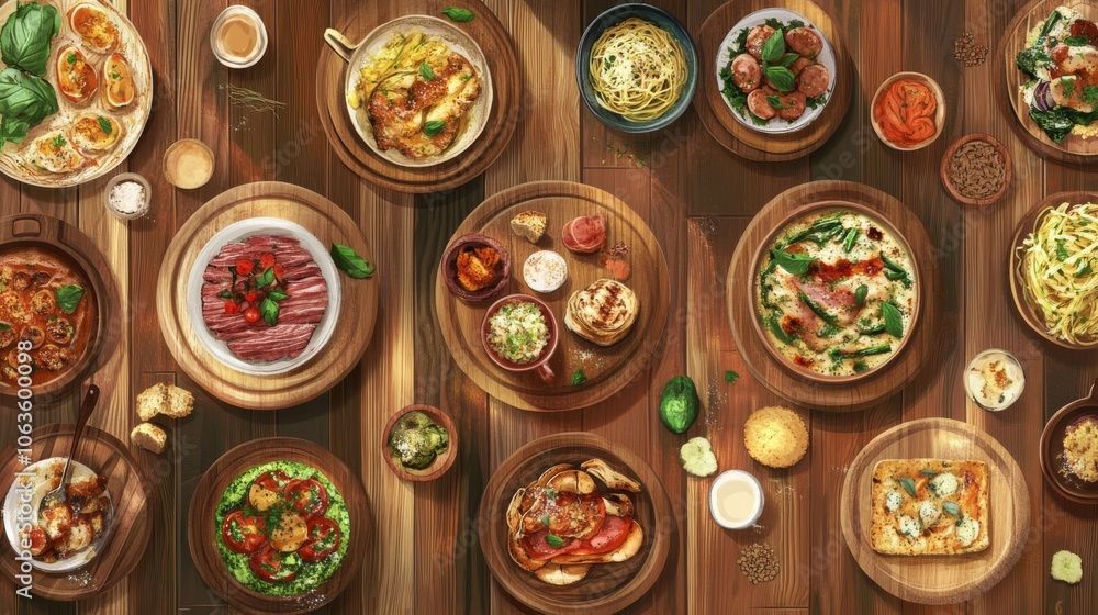 Diverse selection of meals served on wooden plates including pasta, salads, and baked dishes Diverse selection of meals served on wooden plates including pasta, salads, and baked dishes