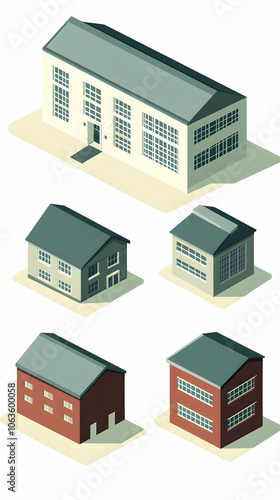 A set of five isometric illustrations of different houses.