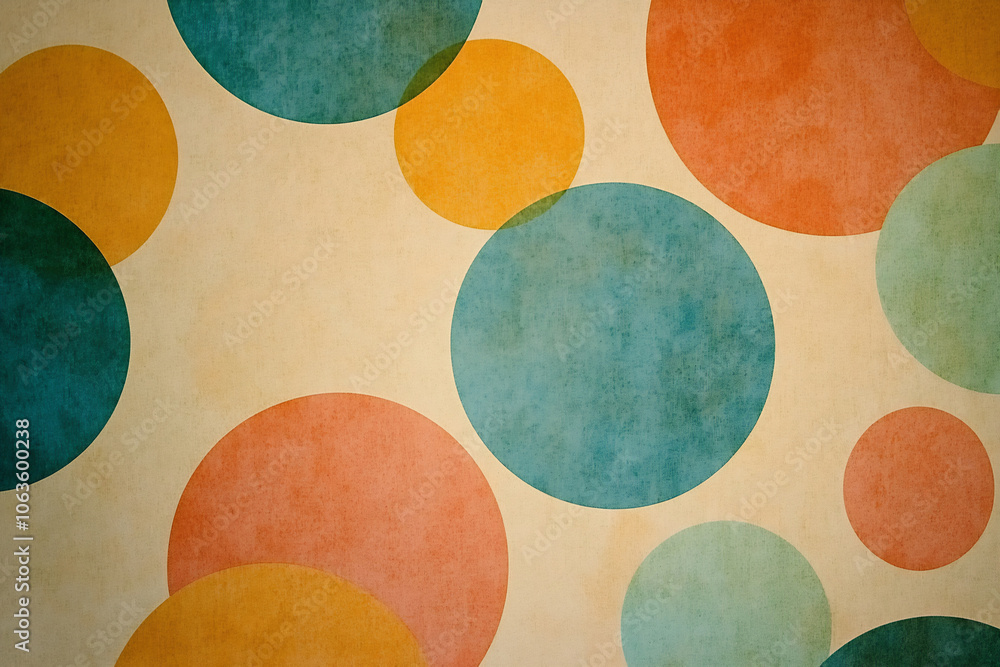 Colorful abstract design featuring large circles in shades of teal, orange, and yellow against a textured light background Colorful abstract design featuring large circles in shades of teal, orange, and yellow against a textured light background