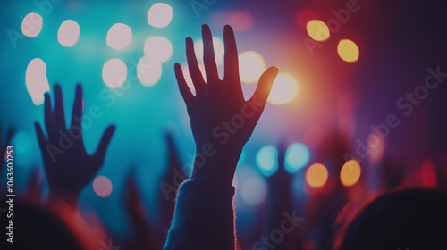 Raised Hands at Concert with Colorful Stage Lights in Background