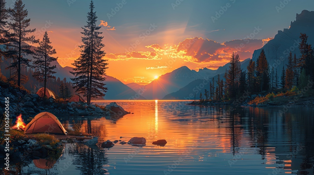 Fototapeta premium A group of friends sets up camp by a serene lake, their tents glowing softly as the sun sets behind the mountains. A fire crackles nearby, and the smell of pine trees and fresh air fills the campsite